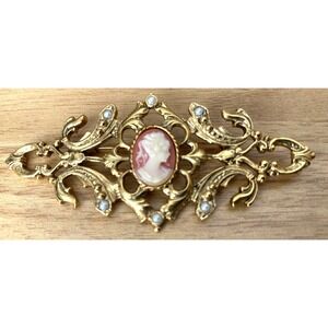 Cameo Brooch Gold Toned Pin 3" x 1.25" Vintage Faux Pearls
